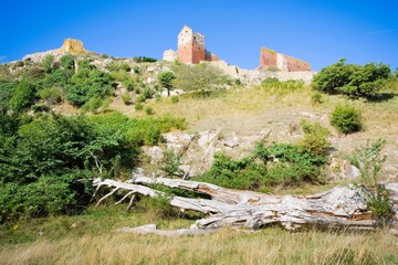 Fototapeta premium Hammershus castle - the biggest Northern Europe castle ruins situated at steep granite cliff on the Baltic Sea coast, Bornholm, Denmark