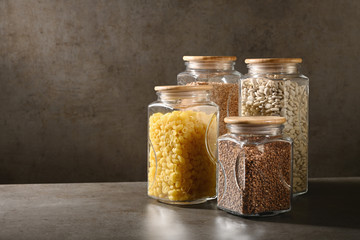 Sustainable lifestyle concept, zero waste, cereals and beas in glass, eco friendly, plastic free...
