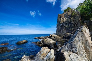 Sheer cliffs of the northern coast of Bornholm island - Helligdomsklipperne (Sanctuary Rocks),...