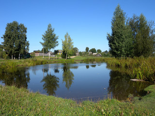 Fototapeta na wymiar Morning in the village near the pond