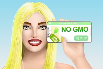 Concept no gmo food buy online. Drawn pretty girl on colourful background. Illustration