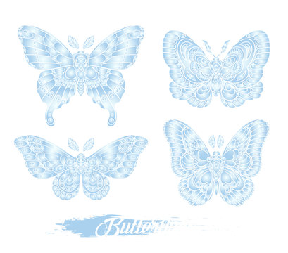 Stylised blue butterflies isolated on white background. Decorative moth graphic design. Vector illustration.