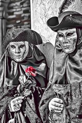 Cartoon illustration of silver couple wearing mask and costume with red rose during Venice Carnival in Italy, original creative graphic design