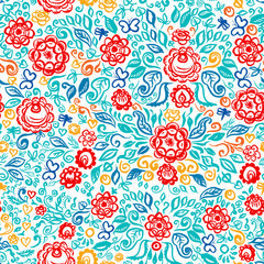 seamless pattern folk art floral ornament Vintage elegant wedding invitation with summer ethnic flowers red blue orange Rough brush strokes isolated on white background. Vector