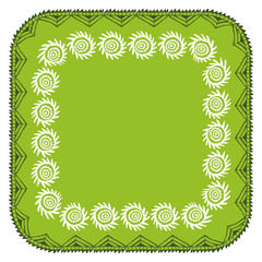 Symbol of the sun Beautiful card with native zigzag ornaments. Square frame for your text. Hand drawn banner template with ethnic aztec border. Dark green white contour on green background. Vector