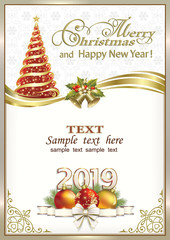 New Year 2019. Greeting card with a Christmas tree and snowflakes decorated with gold ribbon
