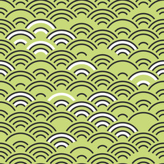 Seigaiha or seigainami literally means wave of the sea. seamless pattern abstract scales simple Spring Nature background with japanese circle Black green white colors. Vector