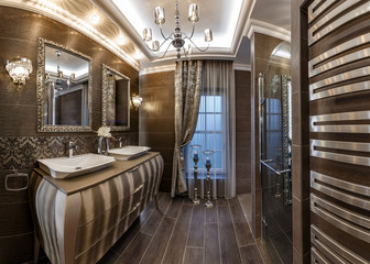 Bathroom in brown tones with two sinks