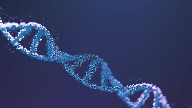 DNA double helix rotating against a blue background. Floating particles, DOF