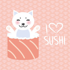 I love sushi. Kawaii funny sushi rolls and white cute cat with pink cheeks and eyes, emoji. Pink background with japanese circle pattern. Vector
