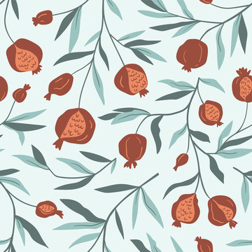 Tropical seamless pattern with pomegranate trees. Fruit repeated background. Vector bright print for fabric or wallpaper.
