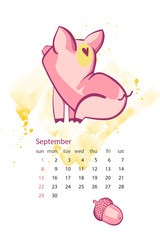 Monthly creative calendar 2019 with cute pig. Concept, vector vertical editable template. Symbol of the year in the Chinese calendar. Vector illustration.