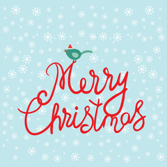 Fototapeta na wymiar Merry Christmas card design with white snowflakes, bird in a red cap christmas decorations on sky-blue background. Vector