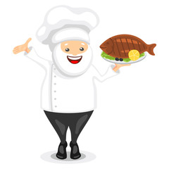 Cute chef character. Funny cook in white hat holding grilled fish on a tray. Vector illustration in cartoon style.