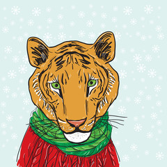 Tiger head in a knitted sweater and a green scarf. Sketch drawing. Black contour on a blue background. Vector