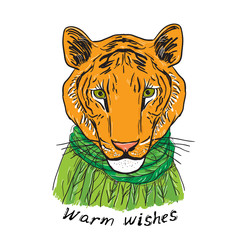 Warm wishes, Merry Christmas New Year's card design Tiger head in a knitted sweater and a green scarf. Sketch drawing. Black contour on a white background. Vector