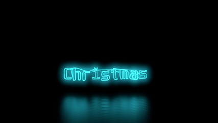 Christmas Sci-Fi blue cyan Neon Lights lettering word On Black Background wall and Reflective floor With Empty Space For Text 3D Rendering Illustration