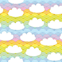 Kawaii white clouds Seamless pattern on blue mint orange pink lilac japanese wave rainbow background. Vector
