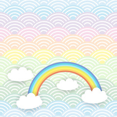 Card banner design Kawaii white clouds pattern on blue mint orange japanese wave rainbow background. Vector