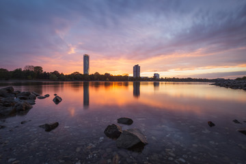 The River Rhine and the the city of Bonn, Germany, at sunset