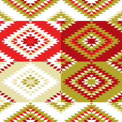 Seamless pattern Turkish carpet white red green olive khaki. Colorful patchwork mosaic oriental kilim rug with traditional folk geometric ornament. Tribal style. Vector