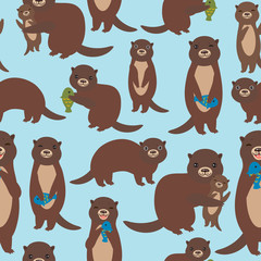Seamless pattern Funny brown otters with fish on blue background. Kawaii animals. Vector