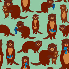 Seamless pattern Funny brown otters with fish on green background. Kawaii animals. Vector