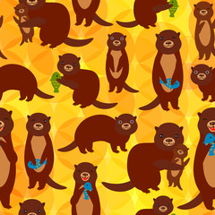 Seamless pattern Funny brown otters with fish on yellow orange background. Kawaii animals. Vector