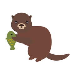Funny brown otter caught a fish, on white background. Kawaii. Vector