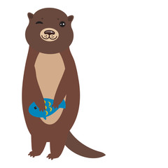 Funny brown otter caught a fish, on white background. Kawaii. Vector