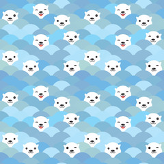 Funny white Polar Bear in light blue water, sea waves Seamless pattern, background. Kawaii faces. Vector