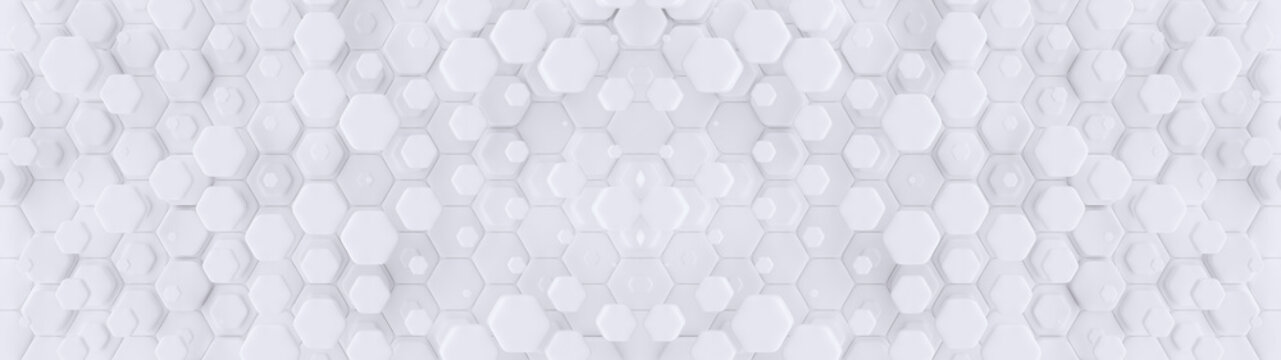 Hexagonal geometric background. Abstract structure of lots of different height hexagons. Creative honeycomb surface. Top view. Cell elements pattern. 3d rendering	