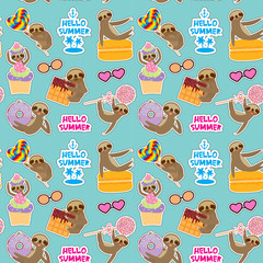 Hello Summer bright tropical seamless pattern, fashion patches badges stickers. Kawaii cute face sloth collection with cake pops, donut, lollipop, waffle, macaroon on blue background. Vector