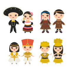 Naklejka premium Mexican, Ancient Egypt, Hawaiian Hula Dancer, Chukcha Yakut Eskimos, boy and girl in national costume and hat. Cartoon children in traditional dress. Isolated on white background. Vector