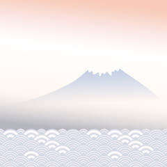 Mount Fuji, dawn, fog, mountain landscape, blue grey pink colors card banner design for text abstract scales simple Nature background with japanese circle pattern. Vector