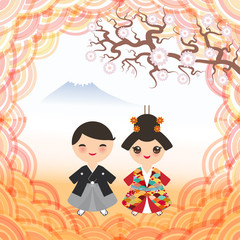 Mount, mountain landscape, Japanese boy and girl in national costume. kimono, Cartoon children in traditional dress. sakura flowers, round pink frame, abstract trend dawn, card banner design. Vector