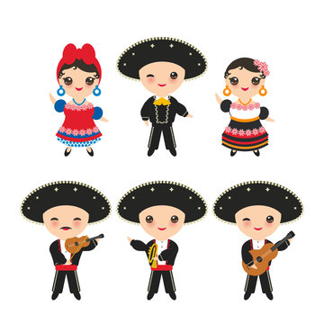Cubans boy and girl in national costume and hat. Cartoon children in traditional Cuba dress, Mariachi group Musical instruments guitar, viola, violin, trumpet. Isolated on white background. Vector