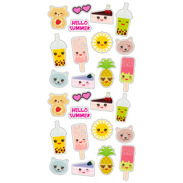 Hello Summer bright tropical card design, fashion patches badges stickers. Applicable for Banners, Poster. Pineapple, cherry smoothie cup, ice cream, sun, cat, cake, hamster. Kawaii cute face. Vector