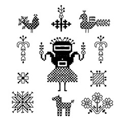 Ornament of Russian folk embroidery, black isolated on white background. Collection of flowers, birds, peacocks, horse, man, geometric ornaments, symbols earth, sun fertility, harvesting. Vector