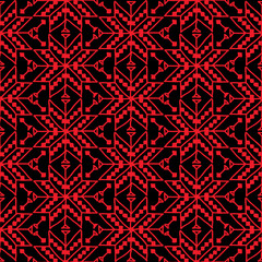 Seamless pattern stars flowers Ornament of Russian folk embroidery, black red background. Can be used for fabrics, wallpapers, websites. Vector