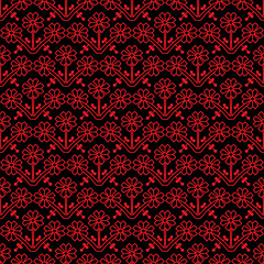 Seamless pattern flowers Ornament of Russian folk embroidery, red on black background. Can be used for fabrics, wallpapers, websites. Vector