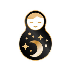Russian doll matrioshka Babushka smiling Kawaii cute face, Stars, moon, constellation, night sky. Black gold isolated on white background for fashion patches badges. Vector