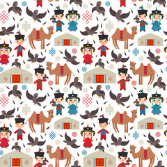 Seamless pattern Mongolian boy and girl national costume. Cartoon children in traditional dress. Hunter, hunting with an eagle, camel, traditional dwellings, such as the yurt and the tent. Vector