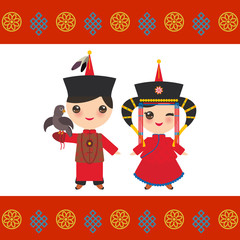Mongolian boy and girl in red national costume and hat. Card banner template, Mongolian ornament. Cartoon children in traditional dress. Hunter, hunting with an eagle. Vector