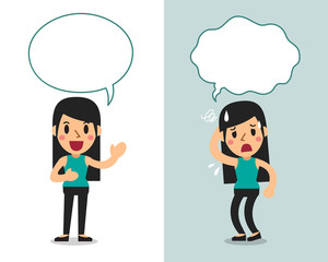Vector cartoon character a woman expressing different emotions with speech bubbles