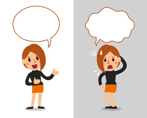 Vector cartoon character cute woman expressing different emotions with speech bubbles