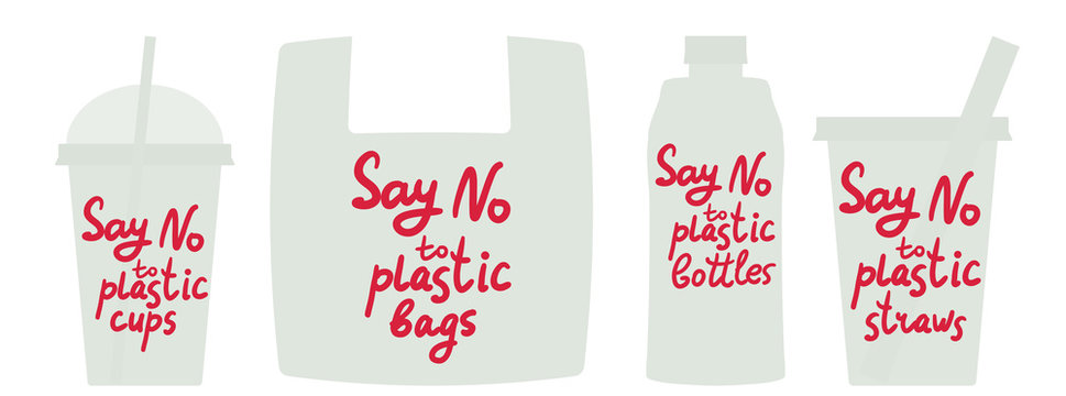 Say no to plastic cups bags bottles straws. Red text, calligraphy, lettering, doodle by hand isolated on white. Eco, ecology. Vector