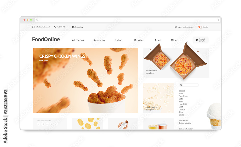 Wall mural food delivery webstore site template mock up isolated,