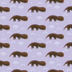 Funny brown giant anteater, ant bear, ant-eater, ant-bear. large insectivorous mammal native to Central and South America. Seamless pattern with cute animal on a lilac background. Vector