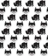 seamless pattern Kawaii funny black gray husky dog, face with large eyes and pink cheeks, isolated on white background. Vector